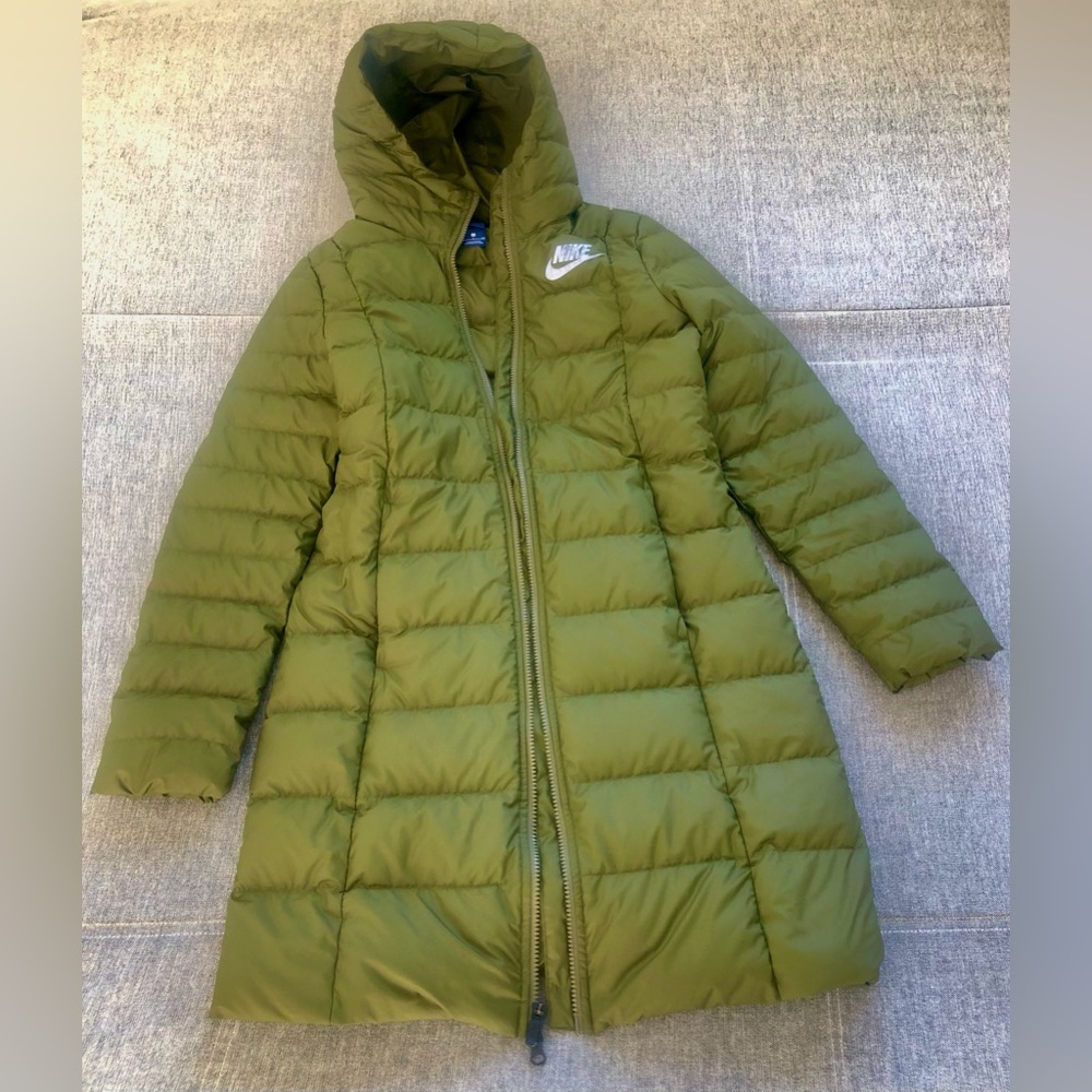 euc Nike womens olive green hooded quilted puffer down zip parka coat XS S